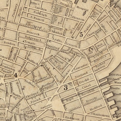 Clipping of a map showing the location of buildings at the Leverett Street Jail